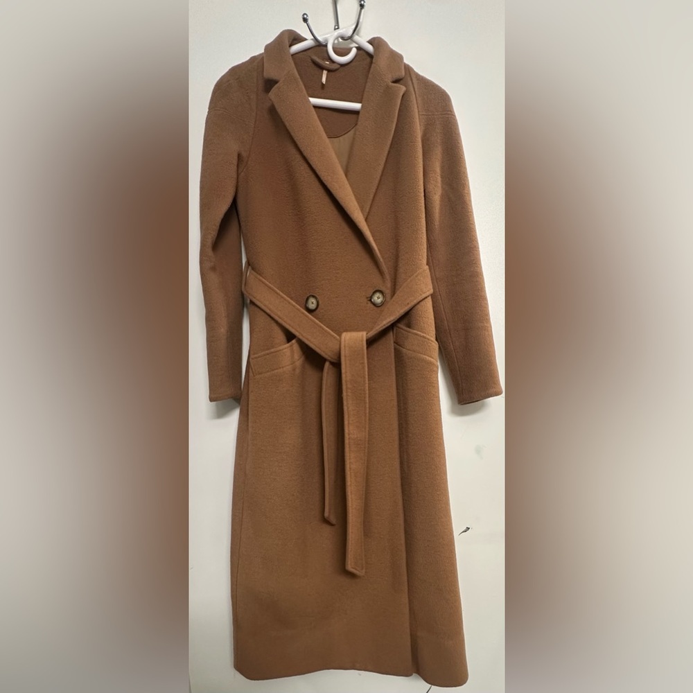 Free People Camel Double-Breasted Long Wool Coat. Great condition.(Worn3x)